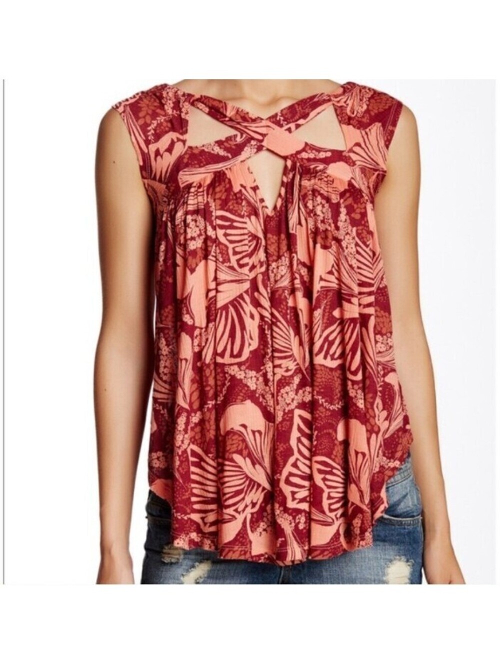 Free People Small Sugar Cane Criss Cross Tank Top Red Peach Shirt